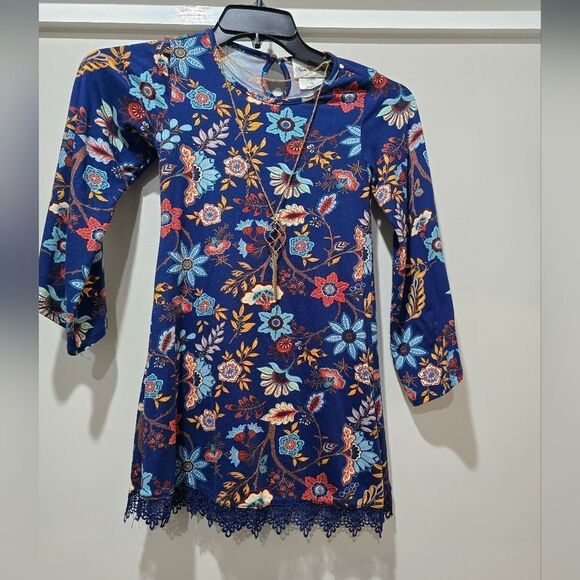 Rare Editions Girls Blue Floral Lace Trim Attached Necklace NWOT SIZE 7 - Picture 1 of 4